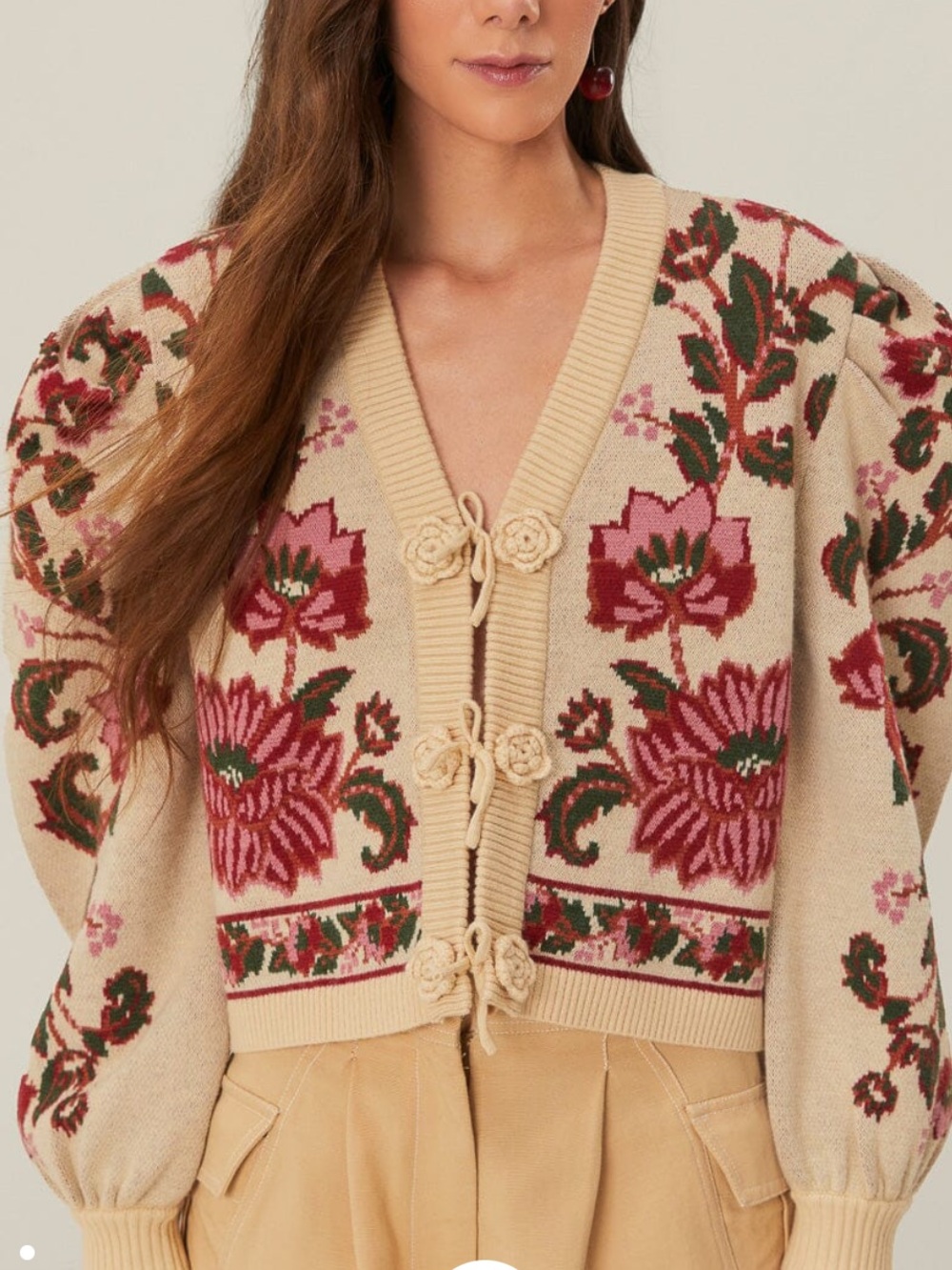 FARM Rio Ravenala Floral Intarsia Knitted Cardigan Medium Cream Puff Sleeve - Picture 11 of 11